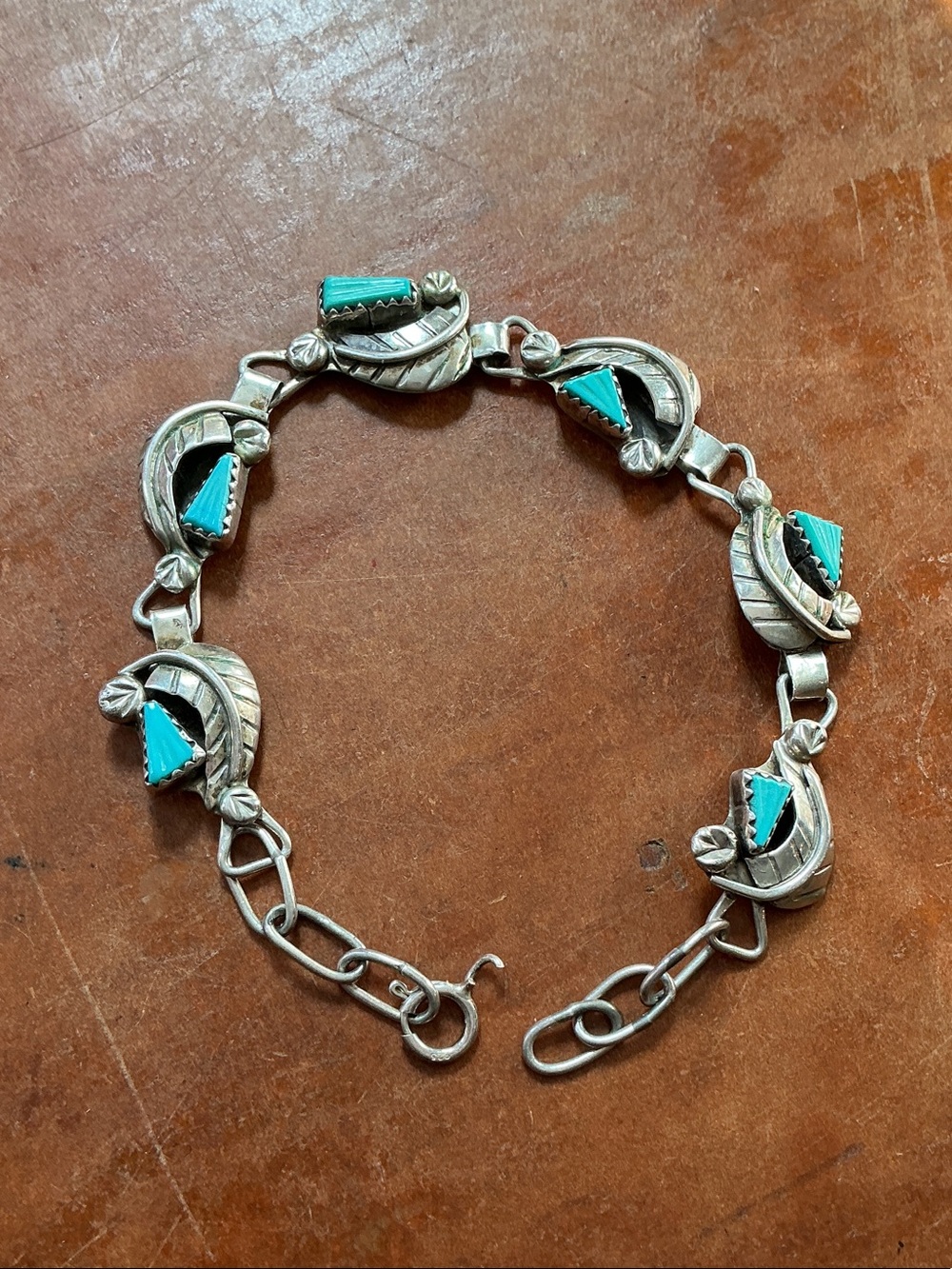 Vintage Sterling Silver Turquoise Leaf Link Bracelet 7.5”